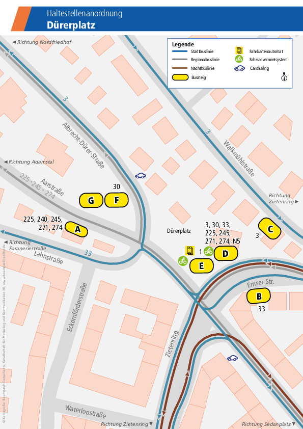 In der PDF-Datei sieht man die Haltestellenanordnung der Haltestelle „Dürerplatz“ von ESWE Verkehr