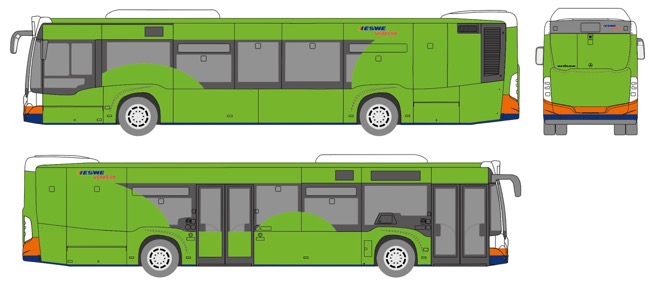 Zeichnung Normalbus Seiten- und Hintenansicht für Buswerbeanbringungsmöglichkeiten - Ganzgestaltung PREMIUM