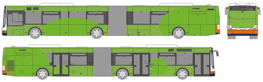 Zeichnung Gelenkbus Seiten- und Hintenansicht für Buswerbeanbringungsmöglichkeiten - Ganzgestaltung