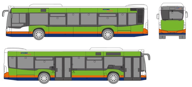 Zeichnung Normalbus Seiten- und Hintenansicht von Teilgestaltung für Buswerbeanbringungsmöglichkeiten