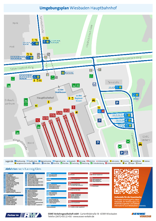 In der PDF-Datei sieht man den Umgebungsplan der Haltestelle „Wiesbaden Hauptbahnhof“ von ESWE Verkehr