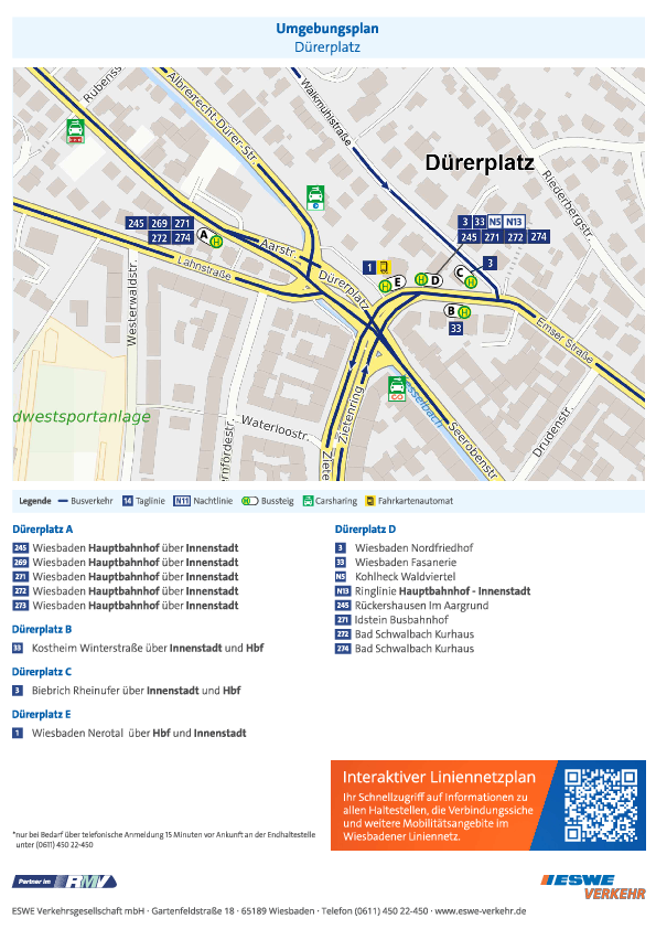 In der PDF-Datei sieht man den Umgebungsplan der Haltestelle „Dürerplatz“ von ESWE Verkehr