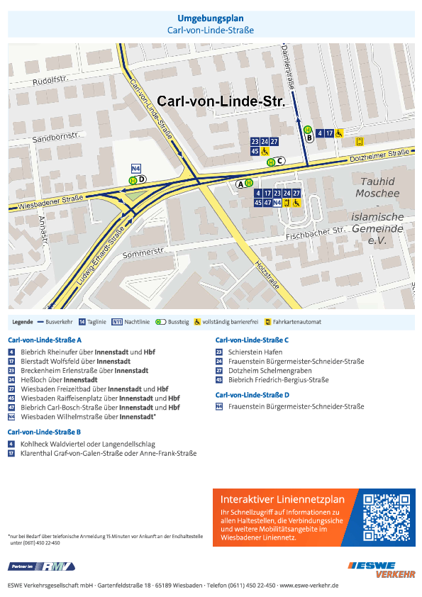 In der PDF-Datei sieht man den Umgebungsplan der Haltestelle „Carl-von-Linde-Straße“ von ESWE Verkehr