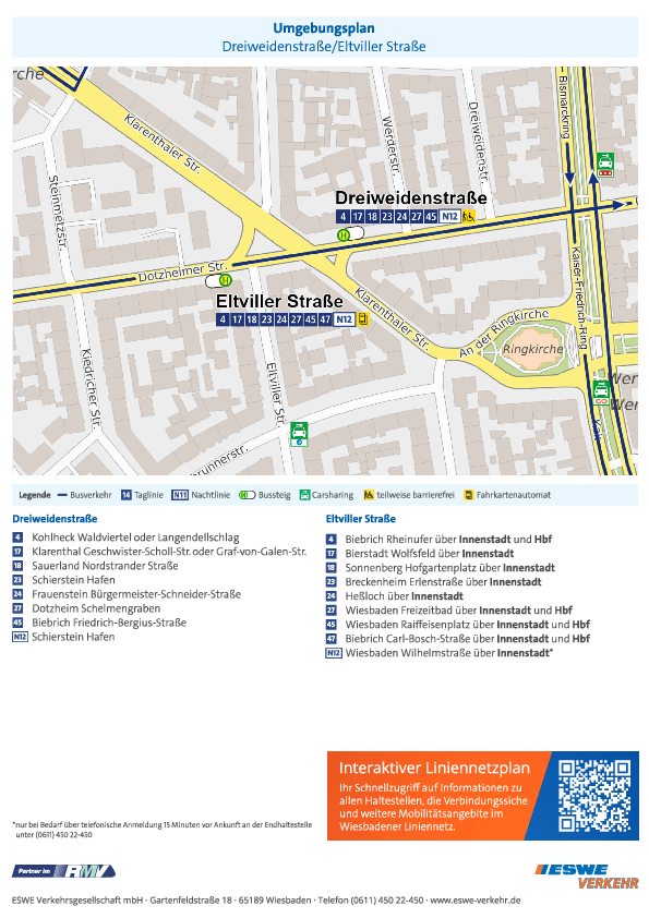 In der PDF-Datei sieht man den Umgebungsplan der Haltestelle „Dreiweidenstraße/Eltviller Straße“ von ESWE Verkehr