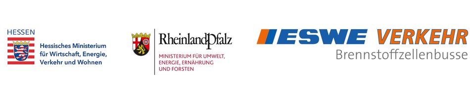 Zeigt das Hessen-Logo, Rheinland-Pfalz-Logo und das ESWE-Verkehr-Submarkenlogo für Brennstoffzellenbusse