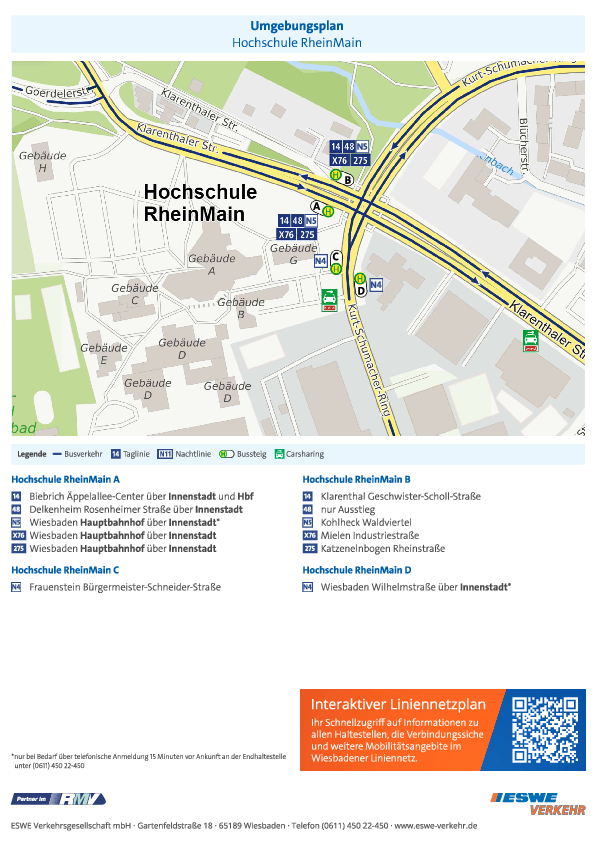 In der PDF-Datei sieht man den Umgebungsplan der Haltestelle „Hochschule/RheinMain“ von ESWE Verkehr