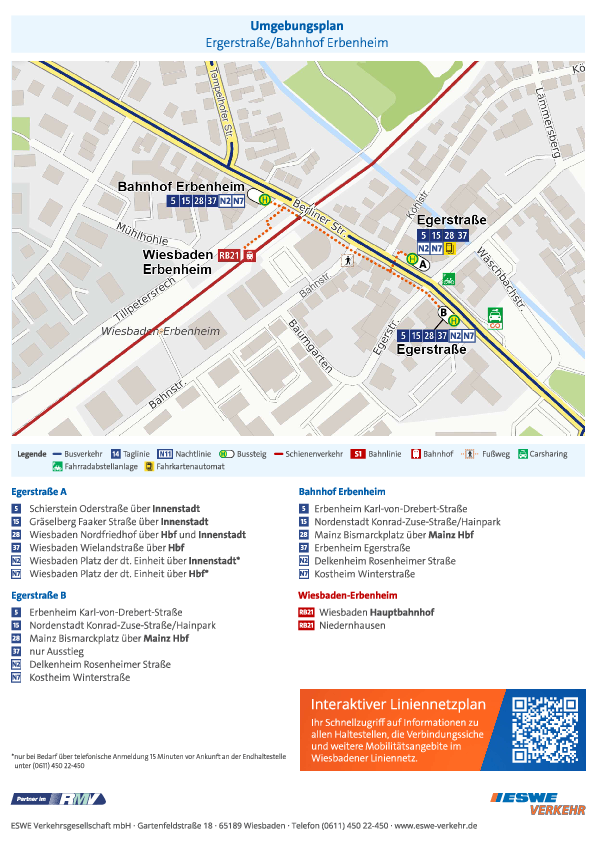 In der PDF-Datei sieht man den Umgebungsplan der Haltestelle „Egerstraße/Bahnhof Erbenheim“ von ESWE Verkehr