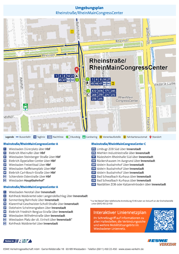 In der PDF-Datei sieht man den Umgebungsplan der Haltestelle „Rheinstraße/RheinMainCongressCenter“ von ESWE Verkehr