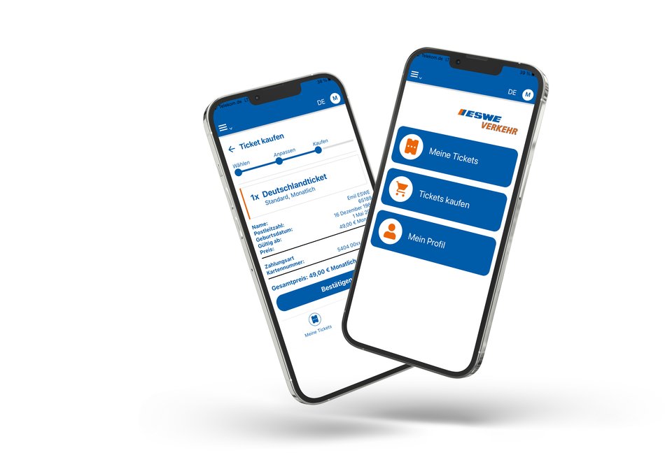 „ESWE Verkehr Tickets“-App Mock-Up mit zwei verschiedenen Screens (Tickets kaufen und Startseite) vor weißem Hintergrund