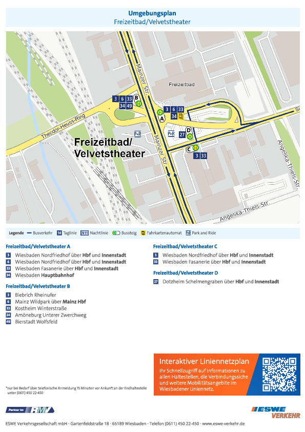 In der PDF-Datei sieht man den Umgebungsplan der Haltestelle „Freizeitbad/Velvets Theater“ von ESWE Verkehr