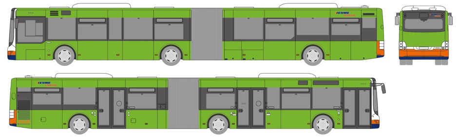 Zeichnung Gelenkbus Seiten- und Hintenansicht für Buswerbeanbringungsmöglichkeiten - Ganzgestaltung