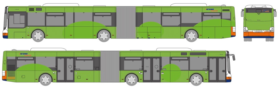 Zeichnung Gelenkbus Seiten- und Hintenansicht für Buswerbeanbringungsmöglichkeiten - Ganzgestaltung PLUS