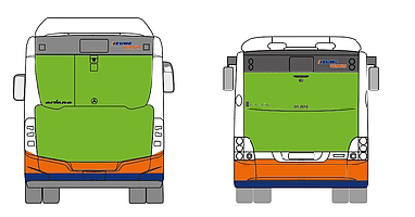 Zeichnung Bus der Heckfläche Plus von Teilflächen für Buswerbeanbringungsmöglichkeiten